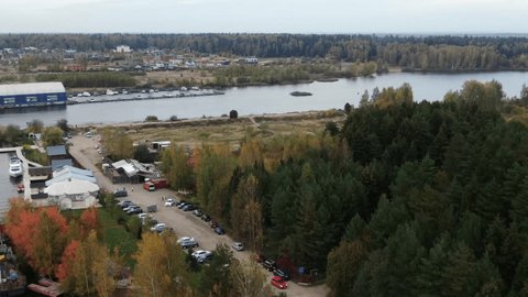 Drone Flying Forward Rotating over River Landscape
