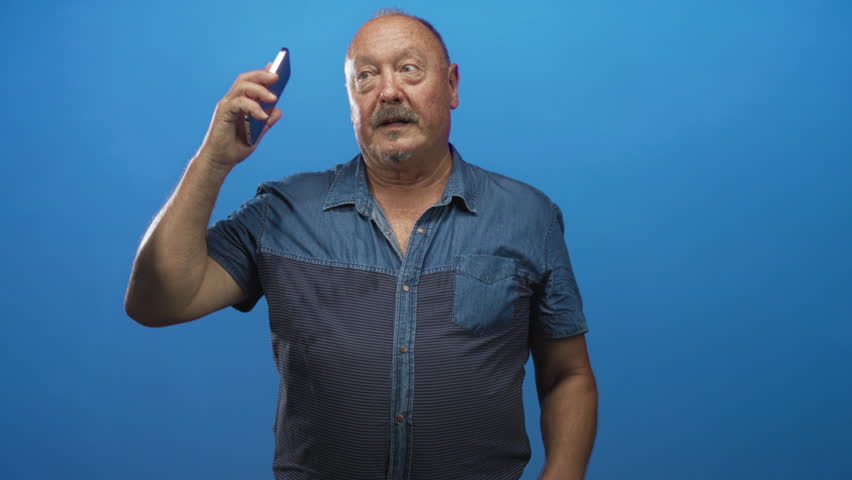 Man in denim shirt raising smartphone above his head and smiling in studio with blue backdrop; joyful celebration.
