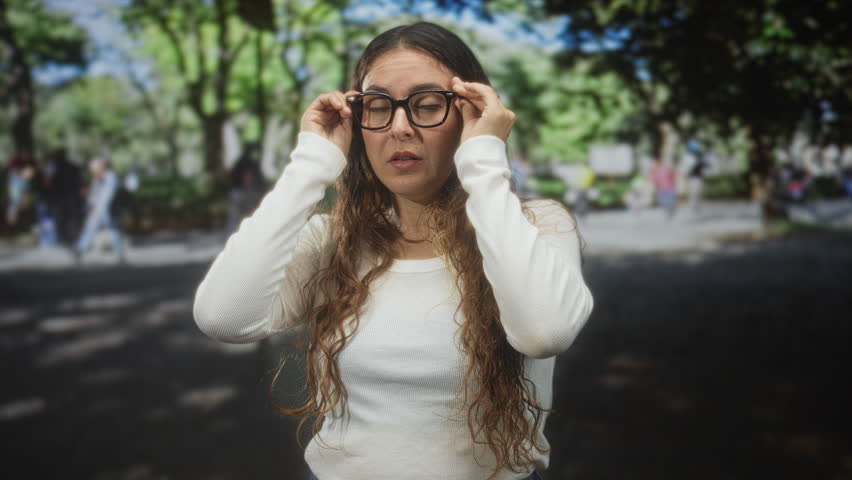 Young hispanic brunette woman holding eyeglasses, removing them and rubbing her eye while squinting on a tree lined street walkway; irritation.
