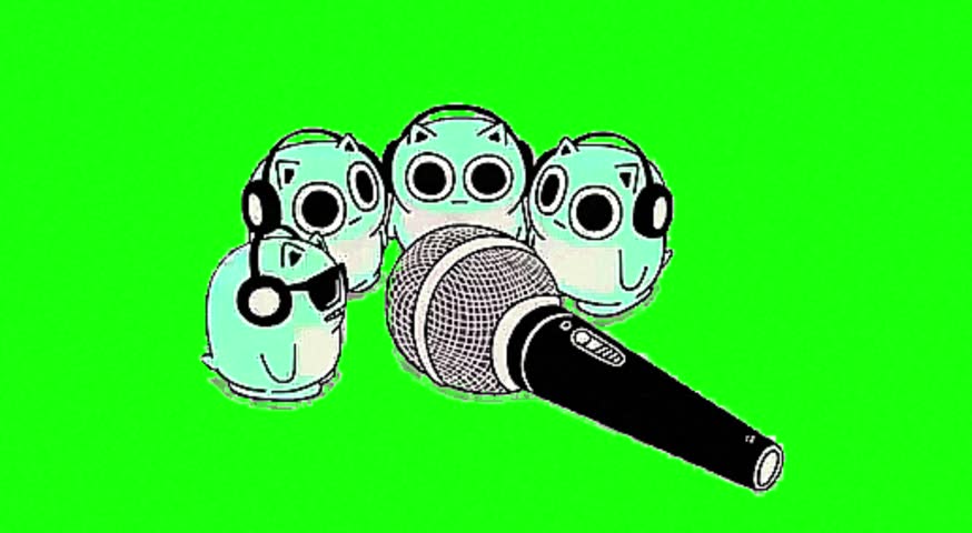A group of cartoon characters wearing headphones and standing next to a microphone on a bright green background, with a mix of black and white details and light blue color