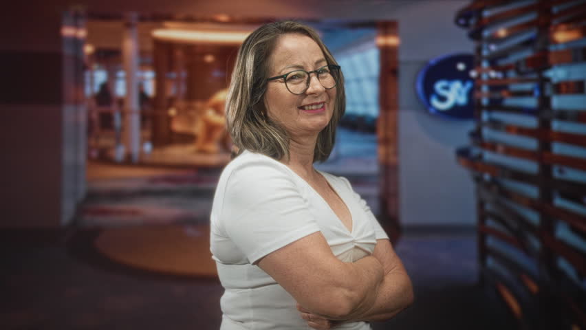 Woman grey hair senior smiling with crossed arms and glasses, wearing white top, standing in a building lobby with warm lighting; confidence ease.