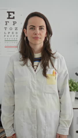 Woman optician arms crossed holding yellow folder and pen, white coat, eye chart visible on wall in a clinic building; confidence professional care.