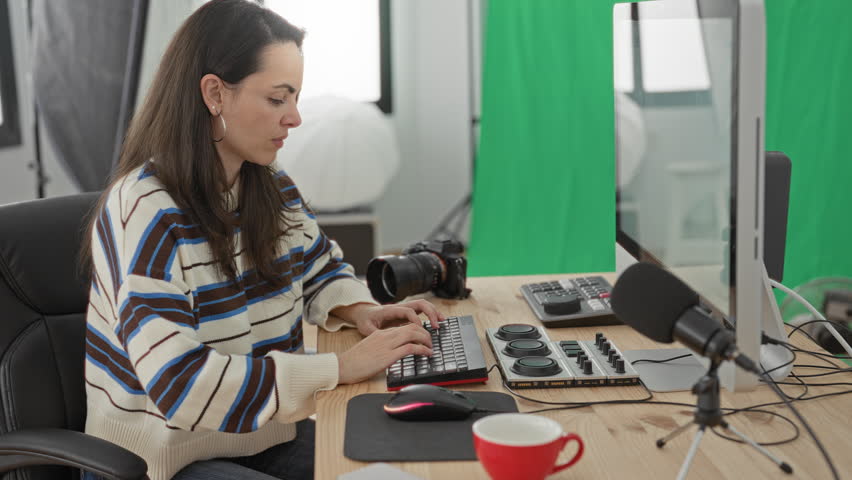 Woman photographer at computer types on keyboard, hand on forehead beside camera in studio; creative fatigue.