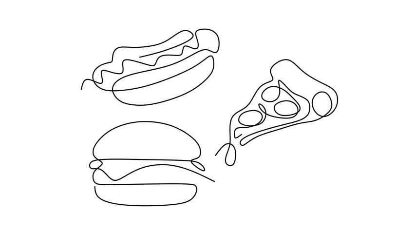 Animated self drawing of continuous line draw of  Hot Dog Burger and Pizza Slice.   Full length one line animation. 4K