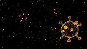 Abstract 3D particle animation of an orange virus cell and floating pathogens against a black background - Powered by Shutterstock - Get 15% off with code: PIKWIZARD15
