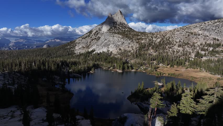 Aerial view of Cathedral Peak Lake in Yosemite National Park, USA