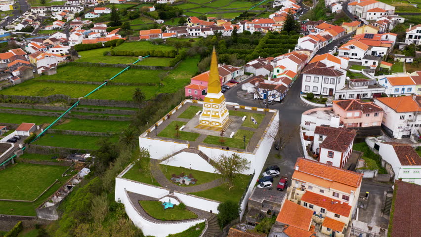 Obelisco do Alto da Memória Monument In Angra do Heroísmo On Terceira Island In The Azores, Portugal. Aerial Drone Shot