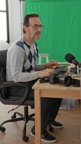Man photographer typing with hands on keyboard beside camera and microphone in studio; creative focus.