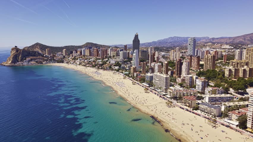 Aerial view of Benidorm beach and modern skyline Spain