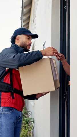 Box, tablet and delivery man with customer signature for order, package or home shipping. Tech, digital and people with door of apartment for e commerce process, logistics and courier service