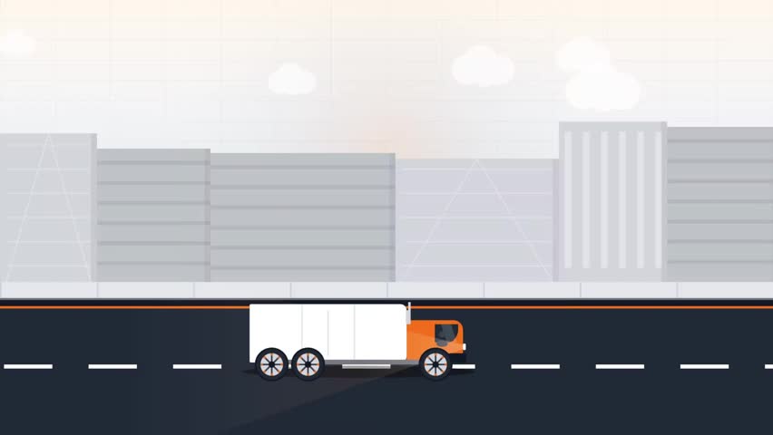 Flat Design Orange and White Cargo Delivery Truck Driving on Highway Road with Industrial Warehouse Building Background, Logistics and Freight Transportation Motion Graphic Loop Template