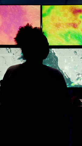 Woman, weather and monitor with map for data, digital analysis or info for forecasting at office. Person, ui and satellite on tech, silhouette or screen with back, storm development and meteorology