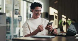 Phone, yes and happy man in office for good news, results or growth with social media analytics. Celebrate, fist pump and marketing analyst with tech or mobile for target, increase or reading stats - Powered by Shutterstock - Get 15% off with code: PIKWIZARD15