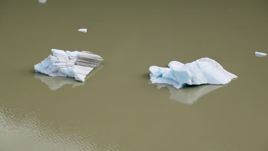 Small blue icebergs floating and drifting slowly in murky glacial water. Calming natural movement of ice in a silty lake, capturing the beauty of melting glaciers in the wild