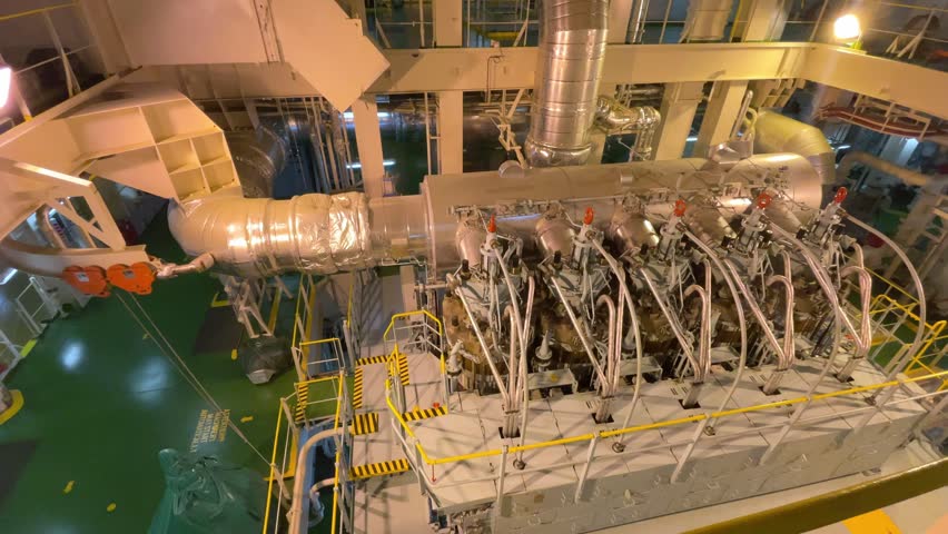 The stark, industrial character of a modern marine engine room.