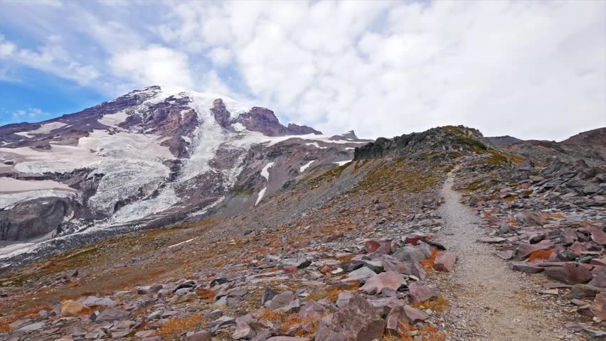 Footage of the rugged Skyline Trail leading towards Panorama Point in Mount Rainier National Park, Washington State. The trail climbs north through Paradise Meadows to Panorama Point, offering stunnin