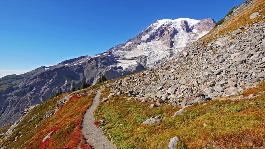 A stunning high-elevation view from the Skyline Trail in Mount Rainier National Park, showing the winding dirt path leading toward the snow-capped peak of Mount Rainier.