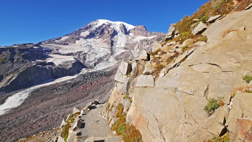 footage captures the iconic view of the snow-capped Mount Rainier and the Nisqually Glacier from the scenic Skyline Trail near Panorama Point in Mount Rainier National Park, Washington State.