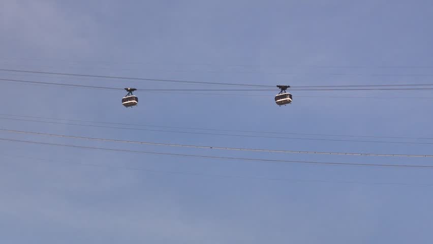 Aerial view of Sugarloaf Mountain cable cars suspended on steel wires against a clear blue sky in Rio de Janeiro, State of Rio de Janeiro, Brazil.