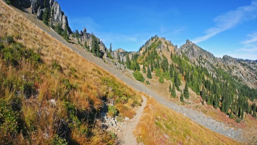 Footage of a scenic hiking trail winding through an alpine meadow with autumn colors, leading towards Sheep Lake and Sourdough Gap in the Chinook Pass area of Mount Rainier National Park