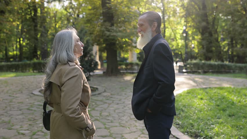 Elderly couple having a serious conversation in a sunny park