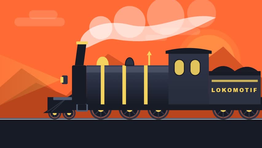 Vintage steam locomotive train animation traveling through desert sunset landscape