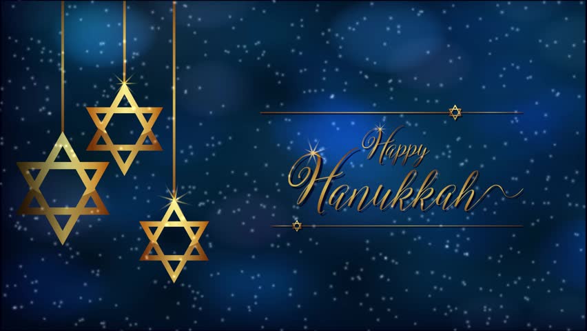 Golden Stars of David hang over a blue bokeh background with falling snow and calligraphy
