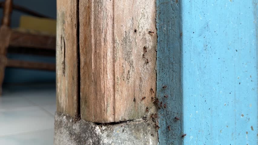 Close-up of an old wooden door frame and blue wall with a group of ants walking along the wood, inside a simple rural house in Asia during daytime, captured with shallow depth of field to portray rustic architecture, daily life, nostalgia, and modest living in a warm intimate atmosphere.