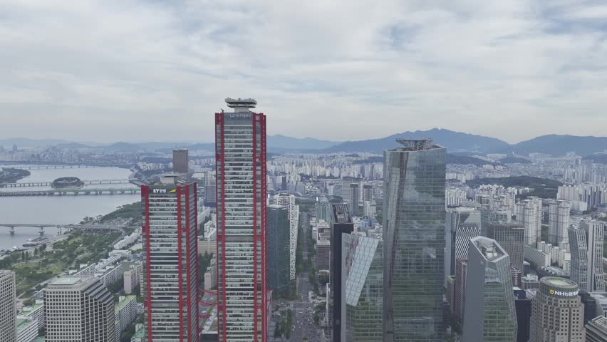 Aerial view of Yeouido financial district and modern skyscrapers, Seoul, South Korea.