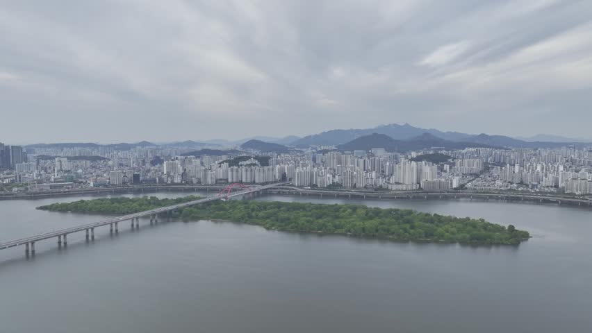 Aerial view of Yeouido financial district and modern skyscrapers, Seoul, South Korea.