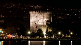 White Tower of Thessaloniki, Night View -  High Quality Timelapse HD Video, Zoom Out