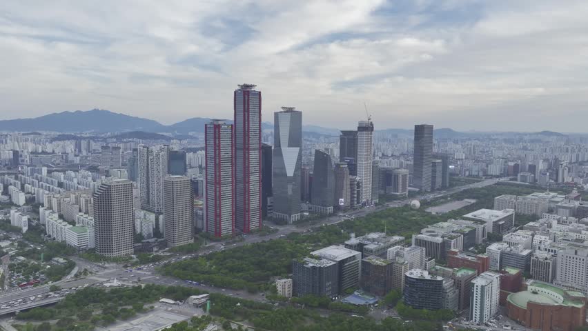 Aerial view of Yeouido financial district and modern skyscrapers, Seoul, South Korea.