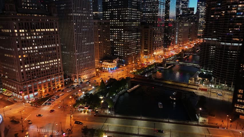 Aerial night view of city skyline of Chicago,Ilinois United states
