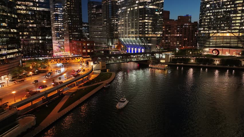 Aerial night view of city skyline of Chicago,Ilinois United states