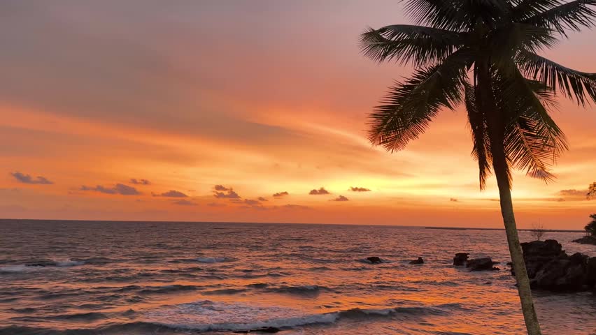 Golden Sunset Over Ocean Waves and Tropical Beach