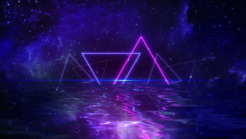 Geometric tunnel glowing light for high-tech club visuals, electronic music festivals, stage screens, Abstract neon tunnel with glowing triangle shapes, creating a futuristic and immersive atmosphere.