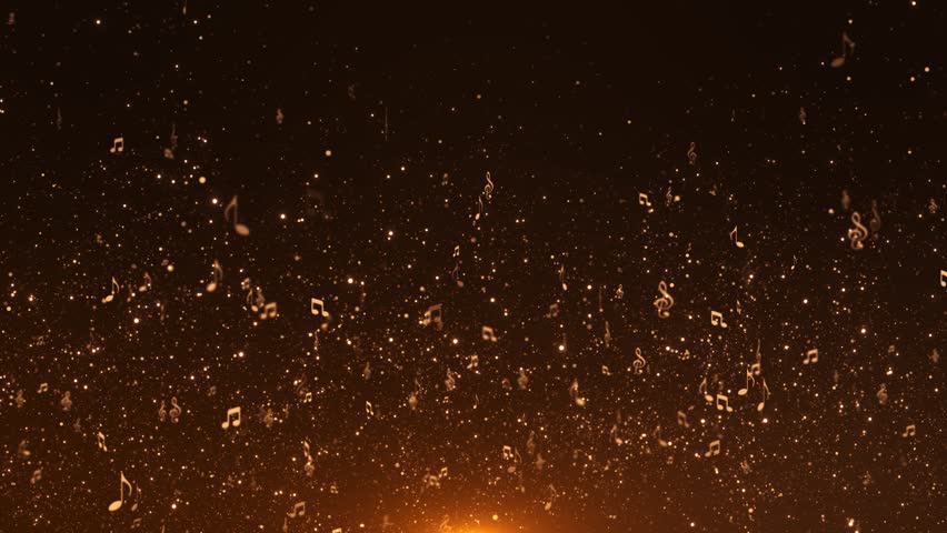Elegant golden music notes concert event background gold particle dust, Award nomination ceremony luxury background glitter sparkles, lines and bokeh. presentation shiny poster. Film music festival