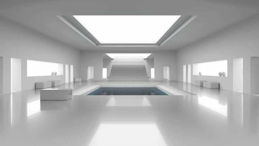 
A large, bright room with a swimming pool.
