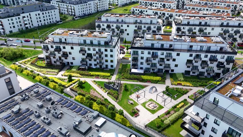 New residential complex, houses, city, drone footage, Wroclaw, Poland