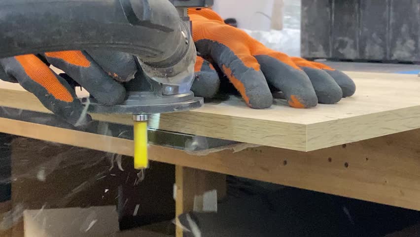 Carpenter in work gloves processing wooden board with power tool.