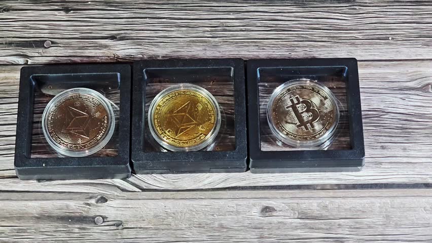 Three physical gold, silver Ethereum coins and silver bitcoin, Bitcoin (BTC) is the world
