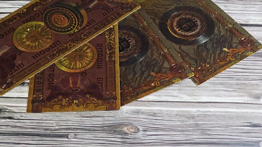Pile of gold plated novelty 100 bitcoin BTC notes, features Vault door open on bitcoin symbol and circuit board, cryptocurrency and digital currency
