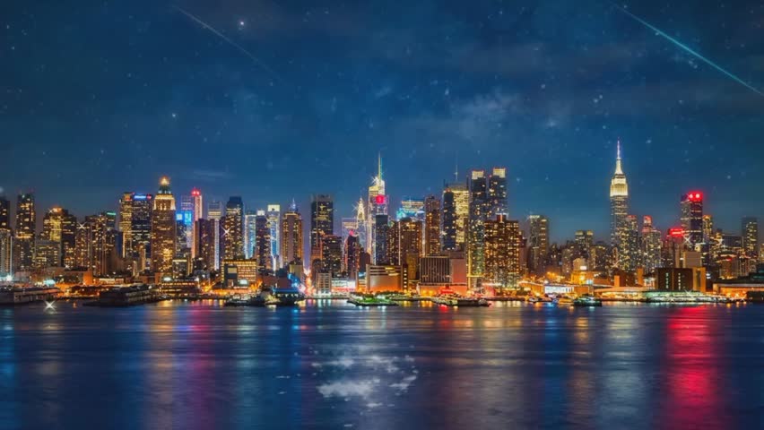 Night view of the city with shooting stars in the sky