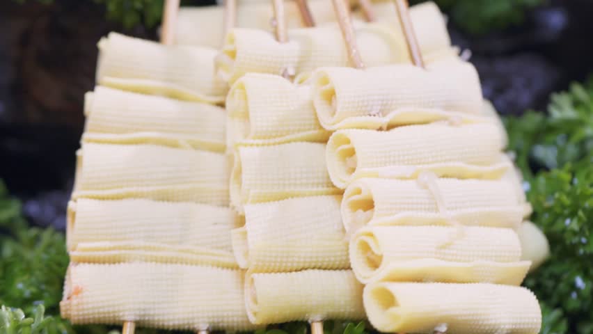 Hot pot ingredients, freshly skewered tofu skin rolls