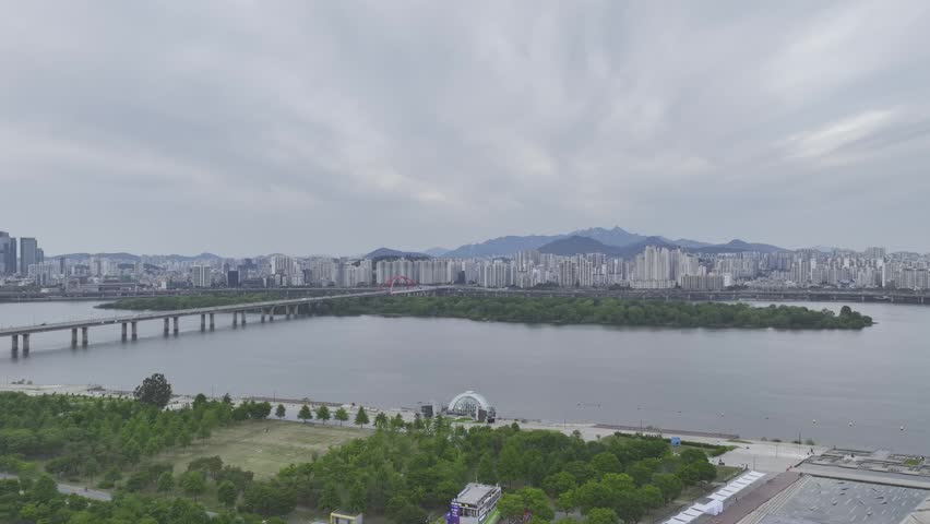 Aerial view of Bamseom Island and the Han River with the Yeouido skyline, Seoul, South Korea.
