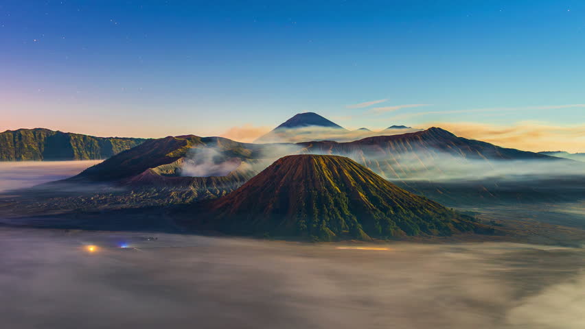 Time lapse of Mount Bromo volcano before sunrise(Gunung Bromo)in Bromo Tengger Semeru National Park, East Java, Indonesia.
