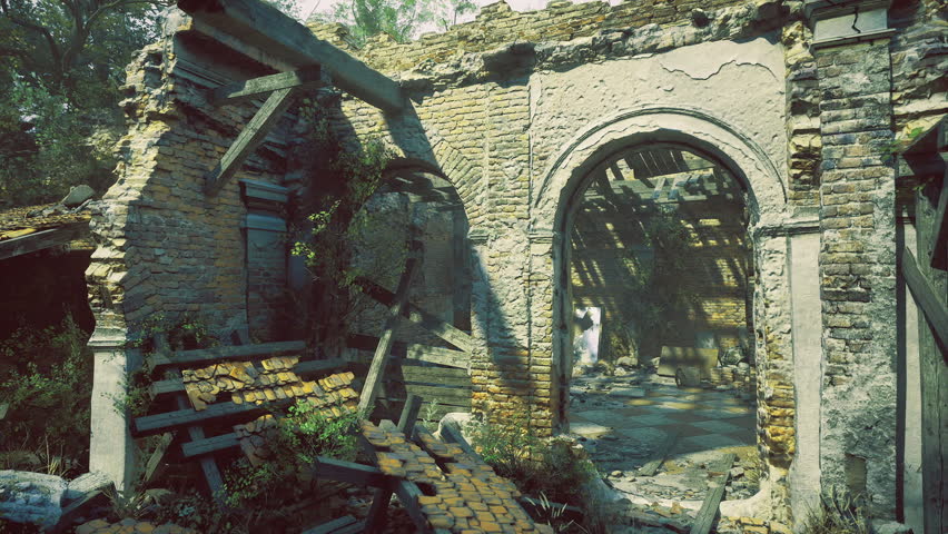 Sunlit stone archway with overgrown bench, conservator examines moss covered masonry, scattered timber, dappled sunlight through trees, tranquil courtyard