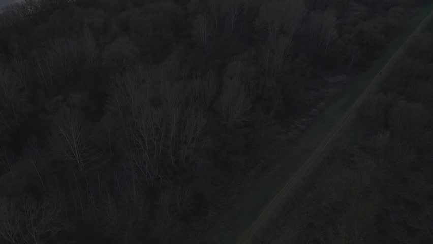 Aerial sunrise or sunset view of winding Vistula River with bare deciduous forest under golden sky near Warsaw. Serene landscape with