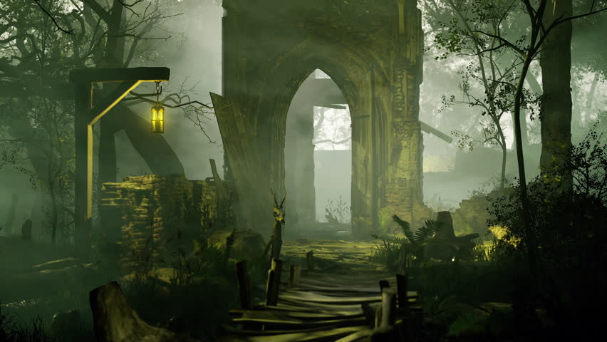 Ancient stone arches rise amidst a fog shrouded forest, illuminated by a soft lantern glow. A narrow path leads through lush foliage, inviting adventure into the unknown.