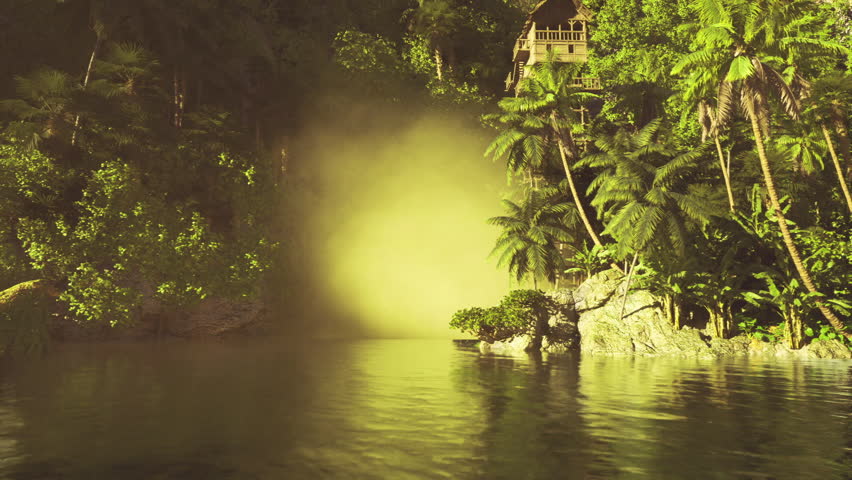 foglifted cove at riverbend with soft diffuse light and low palms, gentle water mirroring green masses contemplative quiet, subtle contrasts between mist